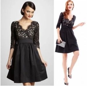 ELIZA J FLORAL EYELASH LACE FIT & FLARE HALF SLEEVE BLACK COCKTAIL DRESS